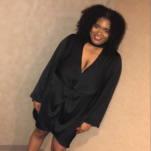 Plus Size Black Hammered Satin Tab Neck Dress - Picture 2 of 2